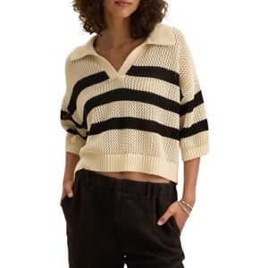 Happily Grey Cream & Black Striped Knit Collared Short Sleeve Top Womens XL